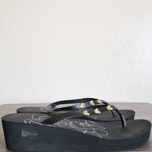 Disney Mickey Mouse Gem Flip Flop Wedge Sandals Black Sz Women's 10 Faux Leather
